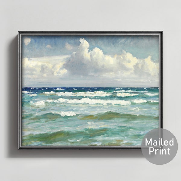 Breaking Waves 1920s Seascape --- vintage impressionist ocean painting white cloud print, sea green coastal art, ocean art