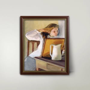 Young Girl Portrait, Contemplative Girl Looking in Mirror - Vintage Hygge Painting, Feminine Nordic Print