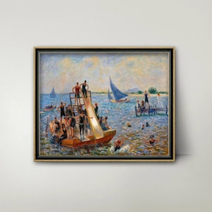 The Raft, Vintage Swimmers - Coastal Harbor Art, Summer Ocean Print