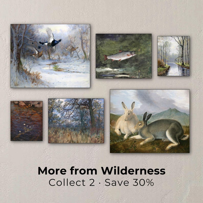 The image is a collage of seven paintings depicting various scenes of nature, including birds, fish, and rabbits.