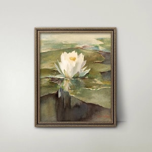 Water Lily Artwork - Sunlit White Lotus Flower Print | Lily Pad Art | Vintage Lake Painting
