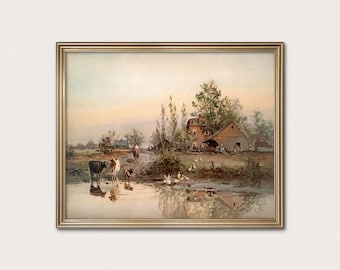 American Farm Landscape Print – Antique Farmhouse Wall Art, Barn Painting