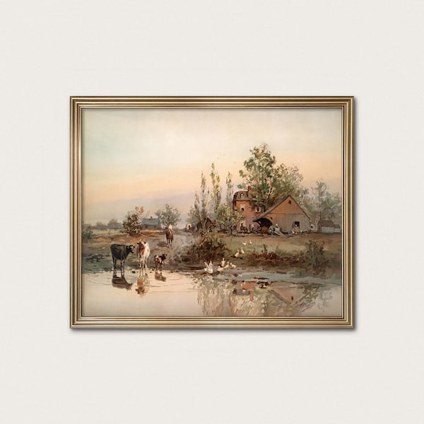 American Farm Landscape Print – Antique Farmhouse Wall Art, Barn Painting