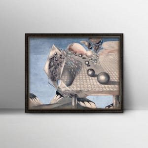 1940s Spheres Surreal Print - vintage avant garde wall art, blue modern art, abstract watercolor painting, surreal art print