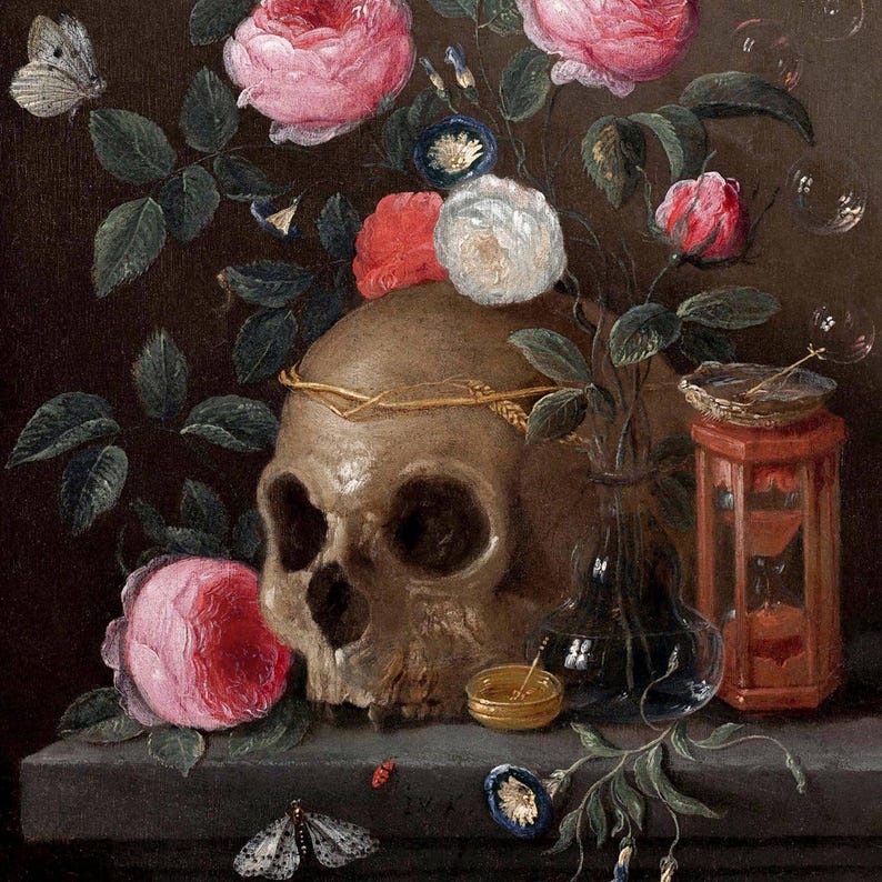 Vanitas Skull Painting Print: 17th Century Still Life, Dark Academia Decor imagem 5