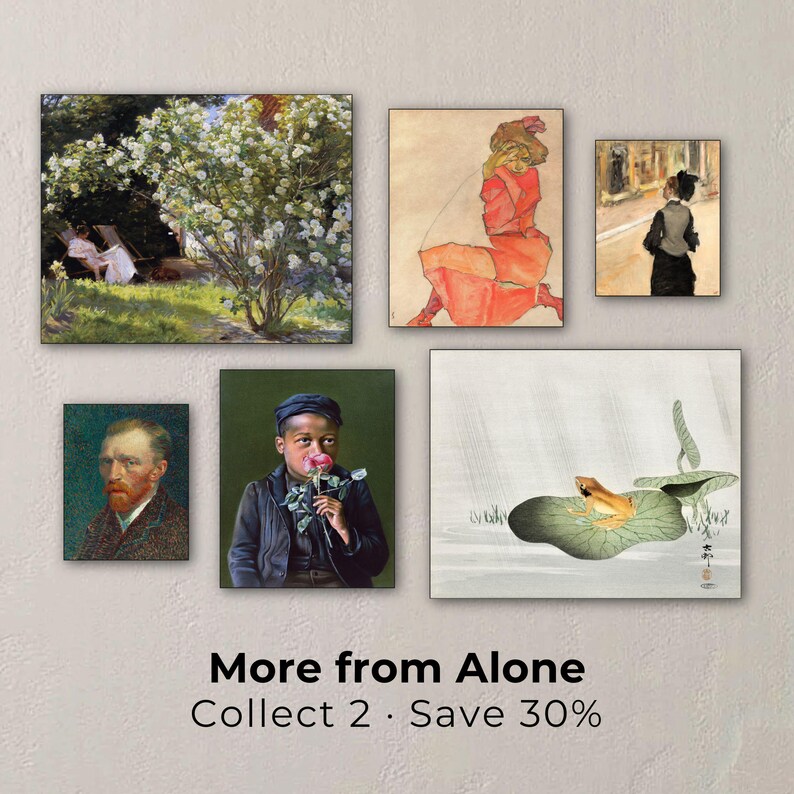 The image is a collage of various artworks, including paintings and portraits, displayed on a wall.