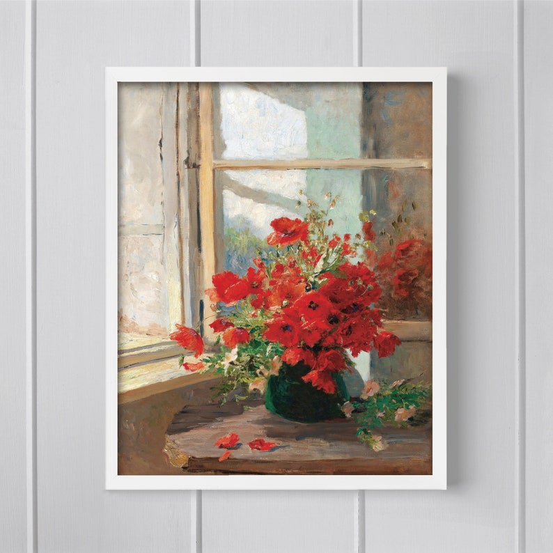 Poppies by a Window 1870s Poppy Painting red poppies, vase of flowers art, rustic window painting, botanical still life image 3