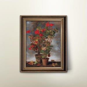 Moody Art, Antique Still Life Painting - Red Geranium Art, Dark Floral Print