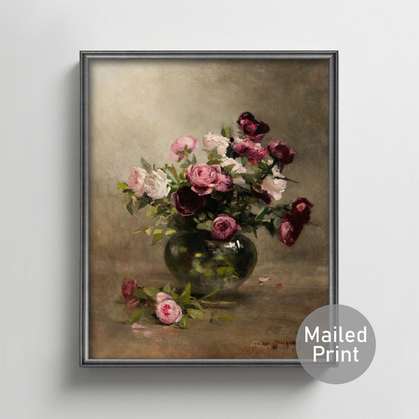 Vase of Roses 1870s Eva Gonzales Still Life --- french antique flower painting, dark red rose art, romantic bouquet print