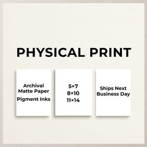 The image is a promotional graphic for a physical print service. It features three white boxes with text and numbers, providing information about the services offered.