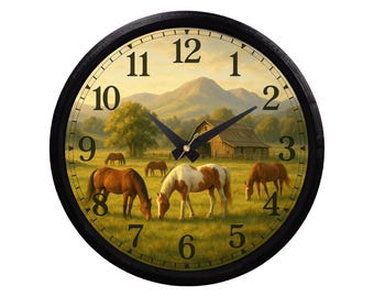 Horses Grazing Wall Clock: Barn and Mountain Scene