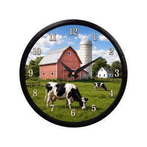 3D Printed Red Barn Farmhouse Wall Clock, Rustic Country Decor, Dairy Cow Timepiece, Silo Pasture Scene, Rural Kitchen Gift, 8.5 Inch