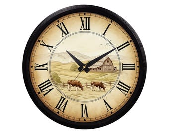 Farm Scene with Barn and Cows Print Wall Clock Farmhouse Decor Gift