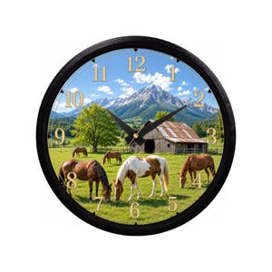 Rustic Horse Wall Clock, Mountain Barn Clock, 3D Printed Farmhouse Clock, Country Ranch Decor, Horse Lover Gift, 8.5 Inch Silent Wall Clock