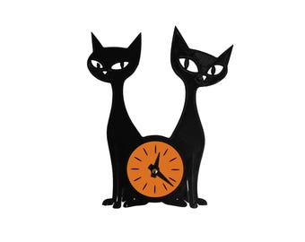 Small Atomic Cats Wall Clock – Mid Century Modern Cat Clock – Retro Black Cat Clock – 3D Printed Wall Decor