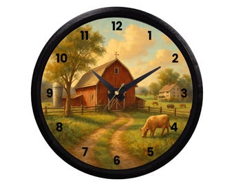 Farm Scene with Barn and Cow Print Wall Clock Farmhouse Decor Gift