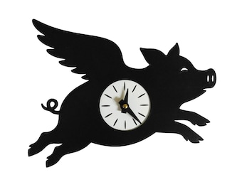 Flying Pig Wall Clock – 3D Printed When Pigs Fly Farmhouse Decor – Black Silhouette Animal Clock – Whimsical Gift Idea – 12.5” x 9.5”
