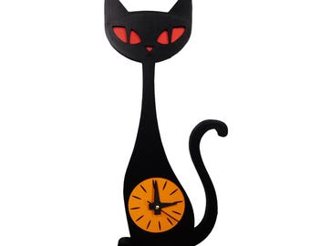 Mid Century Modern Atomic Cat Clock – 3D Printed Retro Wall Clock – Black Cat Decor – Atomic Age Home Accent – Choice of 5 Colors