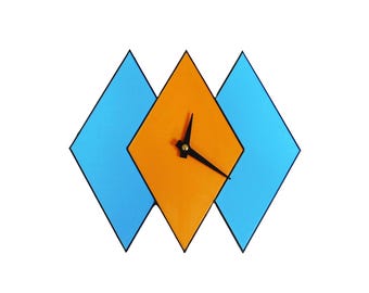 Mid Century Modern Diamond Wall Clock – 3D Printed Retro Geometric Wall Art – Blue & Orange Atomic Style Home Decor (11” × 9.5”)