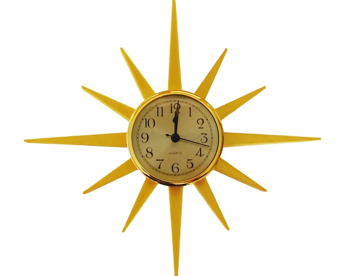 Small Mid-Century Modern Gold Sunburst Wall Clock – Retro Atomic Starburst Design – Vintage Style 3D Printed Home Decor