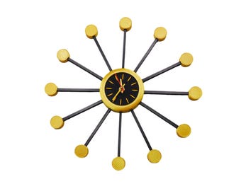 Mid Century Modern Sunburst Wall Clock – 15” 3D Printed Atomic Design in Gold and Black