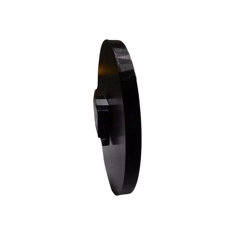 May include: A black, circular disc with a rectangular projection on its face. The object has a smooth, glossy finish and a minimalist design. The shape suggests a mechanical or industrial component.
