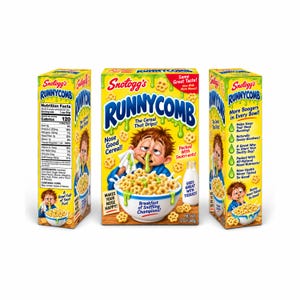May include: A yellow box of Snotogg's Runnycomb cereal featuring a cartoon character with a runny nose, a bowl of ring-shaped cereal with green drips, and text including 'The Cereal That Drips!', 'Nose Good Cereal!', and 'Net Wt 12 oz (340g)'.