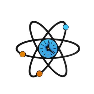 May include: A wall clock shaped like an atom with a central light blue circular face featuring black hour markers and hands. The clock is surrounded by three intersecting black elliptical orbits, each holding a small circular sphere in orange or blue.
