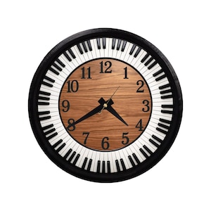 May include: Round wall clock with a piano key design. The clock face features a wood grain center with black numerals and hands. The outer ring is a black frame with white and black piano keys.