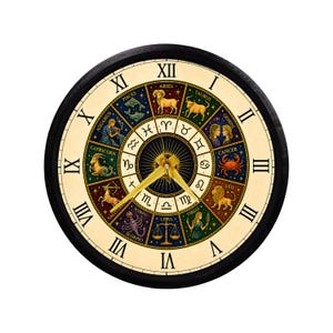 May include: A round wall clock with a black frame and a cream-colored face featuring black Roman numerals. The center displays a colorful zodiac wheel with twelve astrological signs, each labeled with its name, and three gold-colored clock hands.
