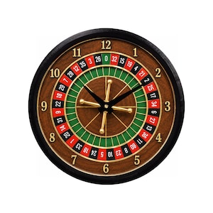 May include: A round wall clock featuring a roulette wheel design with a black outer frame, a wood-toned center, and gold-colored clock hands. The face displays numbers 1 through 12 in a gold font, surrounding a classic red, black, and green roulette layout.