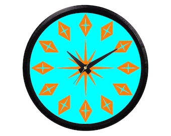 Mid Century Modern Wall Clock – 8.75” Retro Starburst Design – 3D Printed Body and Gloss Print Face – Unique Light Blue and Orange Wall Art