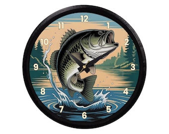 Bass Fishing Wall Clock, 8.5" 3D Printed Clock, Fisherman Gift, Lake House Decor, Fishing Cabin Wall Art, Angler Gift, No Glare Clock