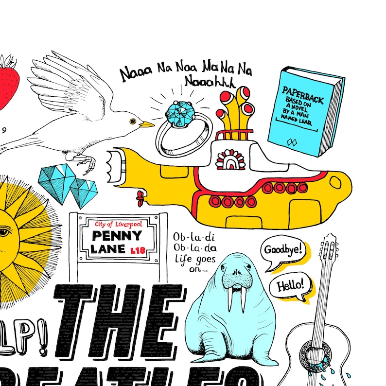 Peut inclure: Illustration color&eacute;e avec des &eacute;l&eacute;ments embl&eacute;matiques des Beatles. On y trouve un sous-marin jaune, un morse, une guitare et les mots "Penny Lane" et "The Beatles". Le style est de type dessin anim&eacute;.