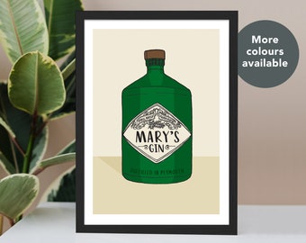 May include: A framed print featuring a green gin bottle illustration. The bottle has a white label with the text "MARY'S GIN" and "DISTILLED IN PLYMOUTH". The background is a light beige color, and the frame is black. The text "More colours available" is in the upper right corner.