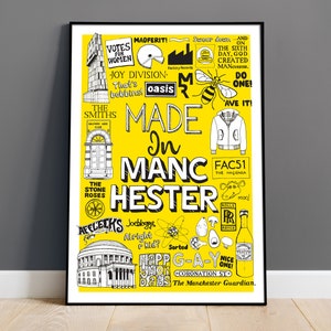 Manchester Art Print, Living Room Wall Art, Bright Yellow Poster, A4, A3 Print