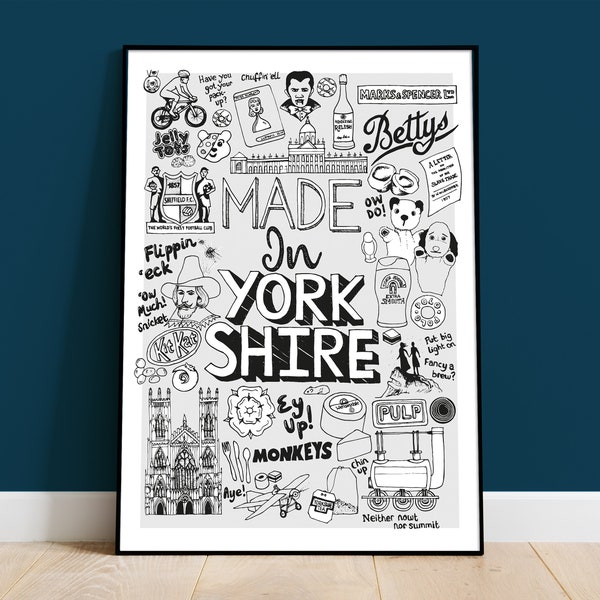 Yorkshire Art Print, Black & White, Hand Illustrated Poster, York, Modern, A4 A3 Wall Art