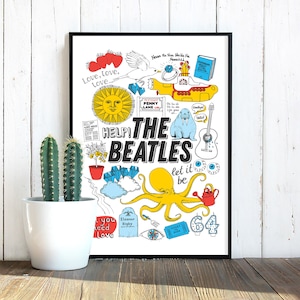 Peut inclure: Une affiche encadr&eacute;e avec des illustrations color&eacute;es et du texte li&eacute;s aux Beatles. L'&oelig;uvre comprend un sous-marin jaune, une pieuvre et les mots "Help!" et "Let it be". Un cactus dans un pot blanc est au premier plan.