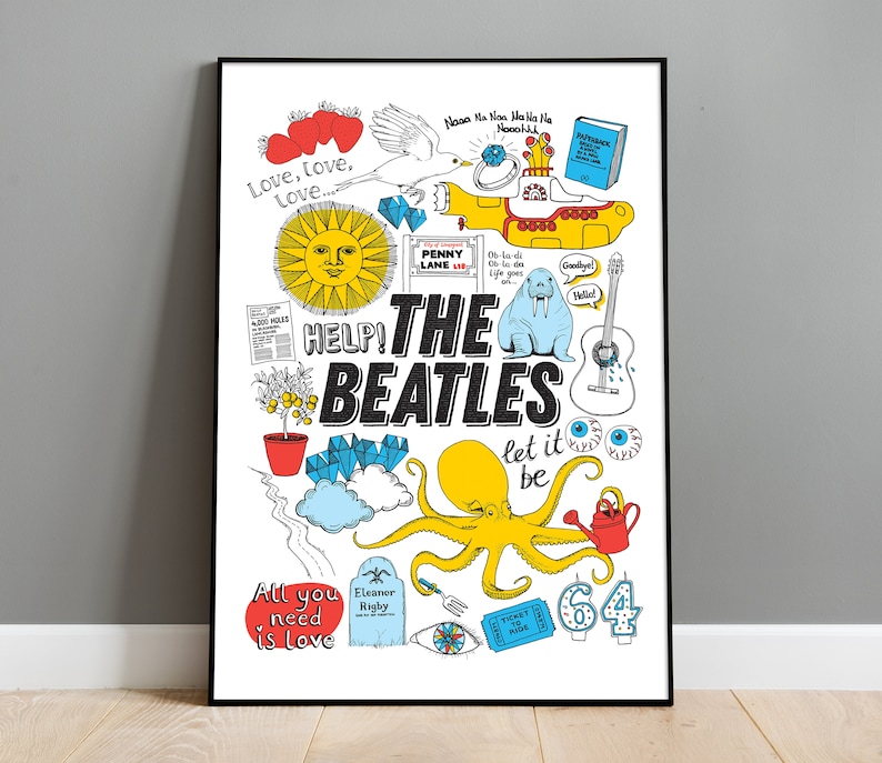 Peut inclure: Une affiche encadr&eacute;e avec une illustration color&eacute;e des Beatles. L'&oelig;uvre comprend un sous-marin jaune, une pieuvre, un morse et les mots "HELP!" et "let it be". D'autres &eacute;l&eacute;ments incluent des fraises, un soleil et le texte "All you need is love."