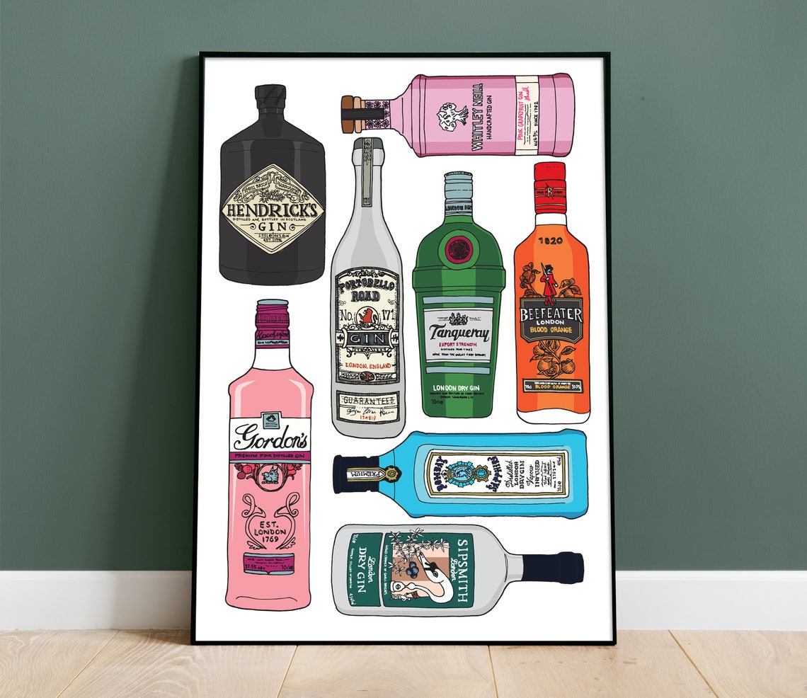 Gin Print Illustrated Gin Poster Home Decor Kitchen Wall Etsy
