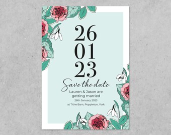 Mariage d’hiver Save The Date, Janvier Fleurs, Œillets, Perce-neige, Feuillage - A5, A6 ou Téléchargement imprimable