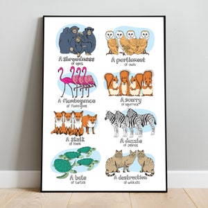 Animal Nursery Print, Kids Print, Sustantivos colectivos, Decoración de guardería, Póster educativo para niños, A4, A3 Print