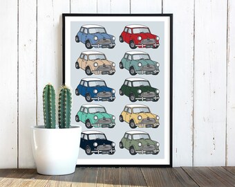 Impression de voiture Mini Cooper, Mini Cooper des années 1960, Illustration dessinée à la main, voiture classique, rétro, vintage, impression A4/A3
