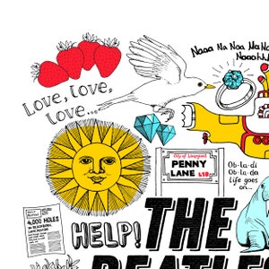 Peut inclure: Illustration fantaisiste avec des fraises, un soleil souriant, un oiseau et une bague. Le texte comprend "Love, love, love...", "Help!" et "The Beatles". &Eacute;galement, un panneau "Penny Lane" et un sous-marin jaune.