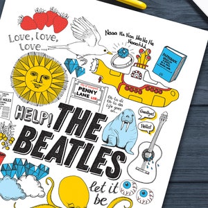 Peut inclure: Illustration color&eacute;e sur le th&egrave;me des Beatles, avec un sous-marin jaune, un morse et une guitare. Le mot "The Beatles" est mis en &eacute;vidence, entour&eacute; de r&eacute;f&eacute;rences &agrave; leurs chansons et d'autres images embl&eacute;matiques.