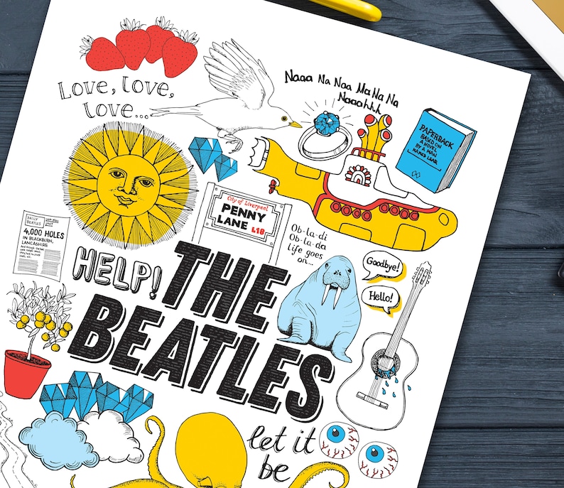 Peut inclure: Illustration color&eacute;e sur le th&egrave;me des Beatles, avec un sous-marin jaune, un morse et une guitare. Le mot "The Beatles" est mis en &eacute;vidence, entour&eacute; de r&eacute;f&eacute;rences &agrave; leurs chansons et d'autres images embl&eacute;matiques.