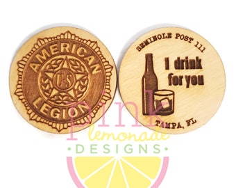 Custom Lot of 100 Wood Drink Tokens Chips Double Sided 2 Sides for Bar Lounge Man Cave Legion Wedding Fair Festival 1.5"
