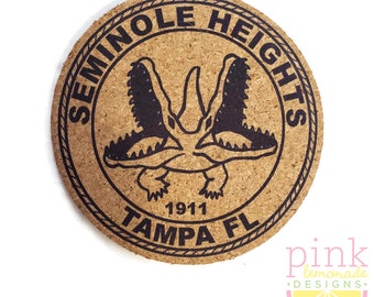 Set of 4 Round Cork Drink Coasters Seminole Heights Neighborhood Tampa Florida Double Headed Gator Logo Housewarming Gift