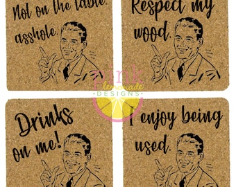 Set of 4 Square Cork Drink Coasters Vintage Man Innuendo Drinking Alcohol Drunk Man Cave Bar Funny Irreverent Housewarming Gift