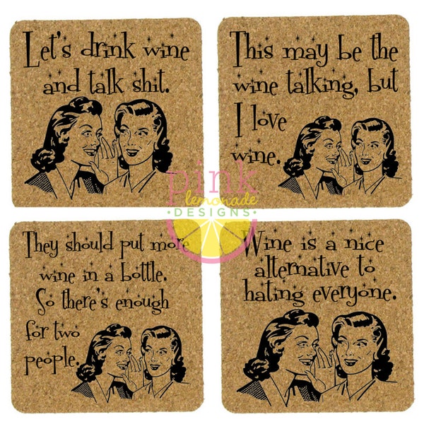 Set of 4 Square Cork Drink Coasters Wine Friends Gossip Funny Irreverent Sarcastic Housewarming Gift